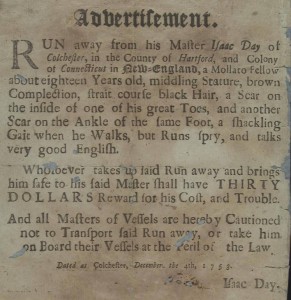 Advertisement for a runaway slave, 1753