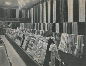 Display of Cheney Brothers silk ribbons and fabrics