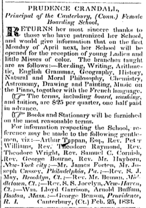 Ad for Prudence Crandall's Female Boarding Schoo