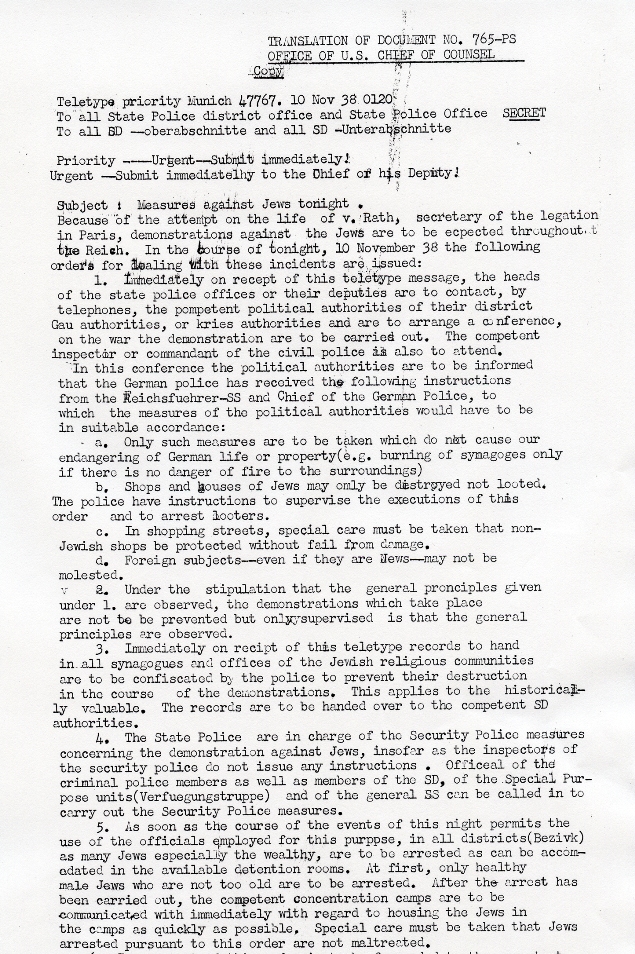 Translation of document no. 765-PS, November 10, 1938