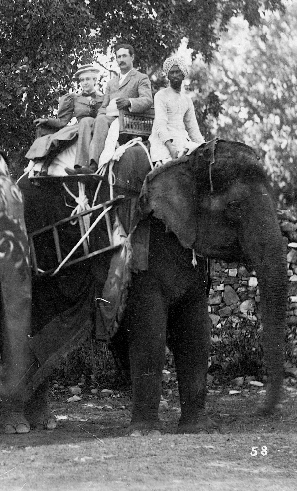 William and Ellen on an elephant, India