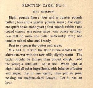 An election cake recipe in Hartford Election Cake and Other Receipts by Ellen Wadsworth Johnson, 1889