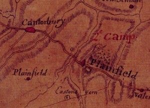 Detail of the French army's map of its route across Connecticut in Plainfield