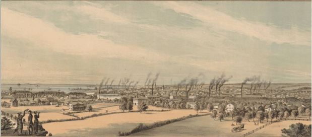 Detail of smokestacks from Bridgeport, Conn., 1882