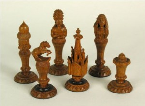 Chess Set made from pieces of the Charter Oak tree, after 1856