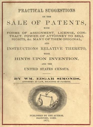 Title page of Simonds' book Practical Suggestions on the Sale of Patents, 1871