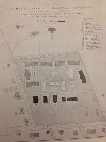 Above is the proposed campus expansion plan by Henry Bacon from 1913. The buildings colored dark grey (College Row) were present before the plan began to be implemented. Central Plan of Wesleyan University from November 10, 1913 - Campus Planning Vertical Files, Special Collections and Archives, Olin Library, Wesleyan University