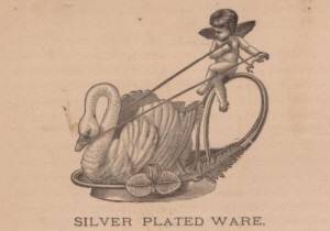 Cupid and Swan Dish manufactured by the Meriden Britannia Company. Wood engraving by Asher & Adams, ca. 1876. An example of the ornate wares produced by Meriden Britannia during the 1870s - Connecticut Historical Society