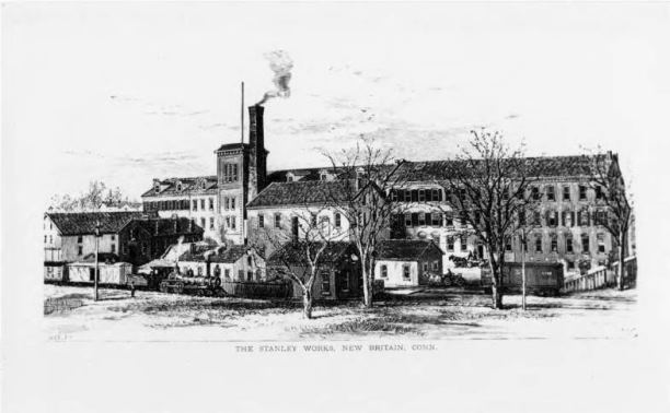 Line drawing of Stanley Works, New Britain, ca. 1879 - Hartford Public Library, Hartford History Center, Hartford Time Collection and Connecticut History Online