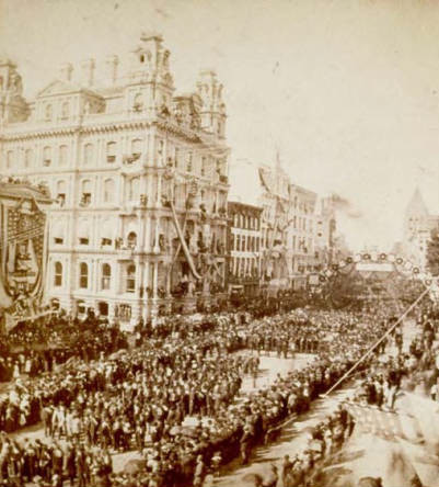 Pictured is a scene from Main Street in Hartford during the historic Battle Flag Parade on September 17, 1879 - Connecticut Historical Society and Connecticut History Online