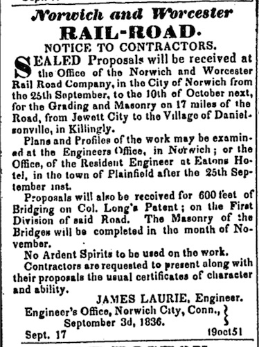 An ad for the Norwich and Worcester Rail-Road for contractors from the September 17, 1836, edition of the Hartford Times