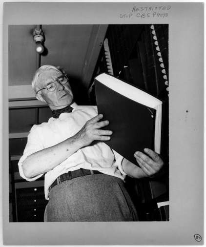 Photograph of Carl Sandburg as he prepares for the second of CBS' documentary shows on the finding of the Robert Todd Lincoln collection of Abraham Lincoln's papers at the Library of Congress. © CBS WTOP Newsphoto Service - Library of Congress Archives: Photographs, Illustrations, Objects