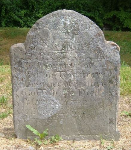 Gravesite of Boston Trowtrow, Old Burying Ground, Norwich, a site on the Freedom Trail. The inscription reads: “In Memory of Boston Trowtrow Govener of ye Affrican Trib he Died May 28 1772 At 66." - Historic Stones.Wordpress.com