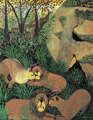 Ellis Ruley, Daydreaming, Landscape with Lions, enamel house paint on cardboard - The Slater Memorial Museum