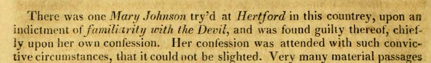 Detail from Cotton Mather's book Magnalia Christi Americana, Vol. 2, describing the conviction of Mary Johnson.