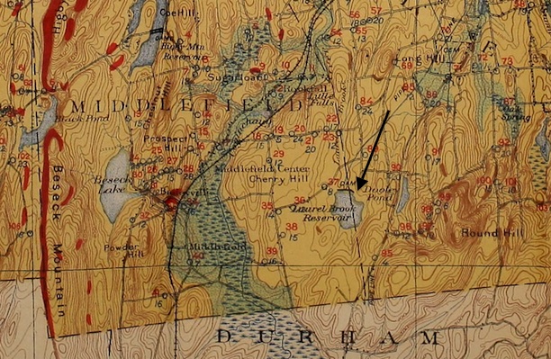 Detail showing Laurel Brook Reservoir located on the Middlefield, Middletown, Durham border from the "Map of the Meriden Area, Connecticut: Showing glacial deposits, rock outcrops, and the location of typical wells and springs" by G. A. Waring, 1920. 