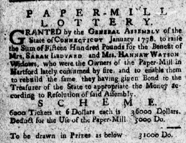 Detail from an announcement of the Paper-Mill Lottery in The Connecticut Courant, February 10, 1778.