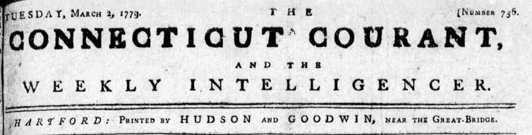The Connecticut Courant and Weekly Intelligencer header under Barzillai Hudson, March 2, 1779.