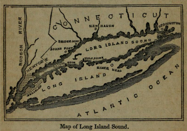 An illustration, "Map of Long Island Sound," depicting the location of the steamboat Lexington from Steamboat Disasters and Railroad Accidents in the United States by S. A. Howland, 1846.