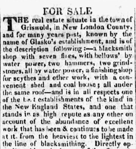 Detail of an advertisement offering "For Sale" the business establishment of Isaac C. Glasko, Griswold, Connecticut. Printed in the Norwich Courier, March 26, 1828, page 4. 