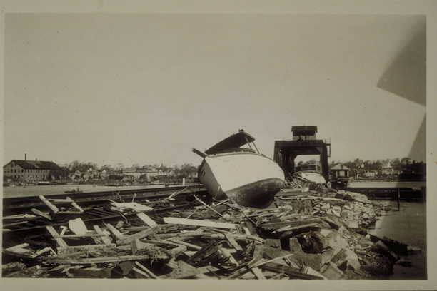 Boats on railroad bridge, Mystic, 1938 hurricane