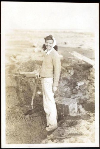 Katharine Hepburn, standing on the beach, Fenwick. Hurricane of 1938