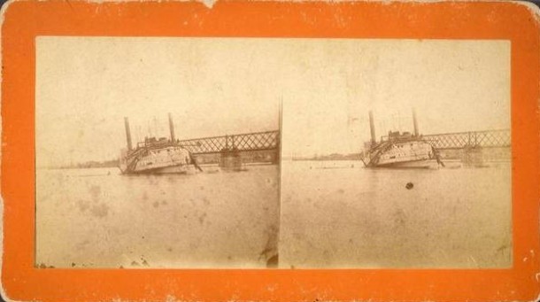 The City of Hartford steamboat after collision with railroad bridge