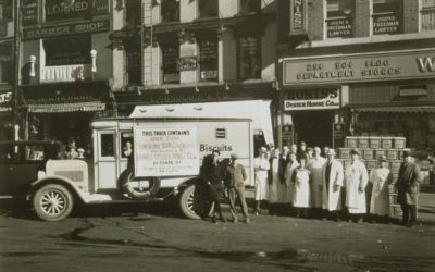 Honiss Oyster House, Hartford. Delivery truck with a group of people.