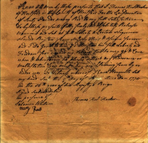 Manumission document for slave Bristow, from Thomas Hart Hooker, Hartford