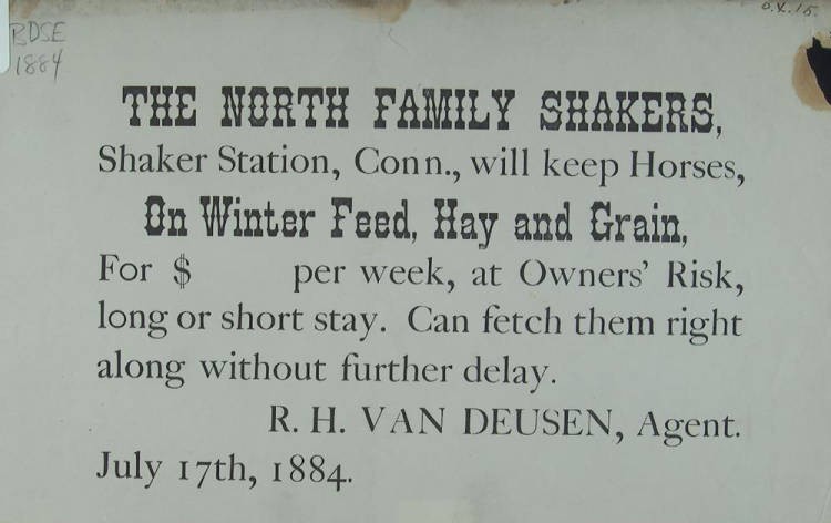 Shaker advertisement to board horses, 1884