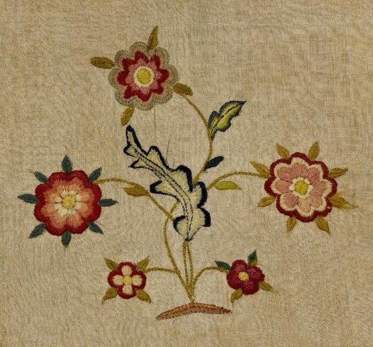 Detail of a bed curtain attributed to Priscilla Kingsbury