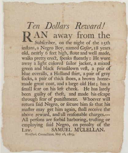 Ad announcing reward for runaway slave, 1803