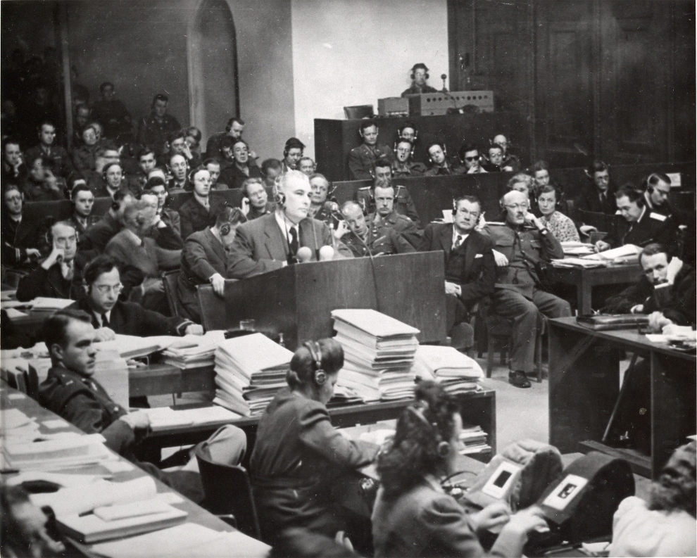 Thomas Dodd (at podium), Nuremberg trial, ca., 1945-46