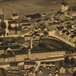 Detail of the W.A. Slater's Jewett City Cotton Mills in the foreground from Jewett City, Conn, bird’s-eye map by Lucien R. Burleigh