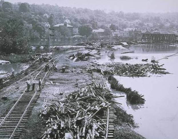 Flood damage to railroad tracks, Derby, 1955