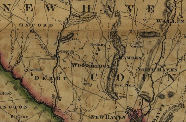 Detail of Bethany area from Map of Connecticut, from actual survey by Moses Warren, 1811
