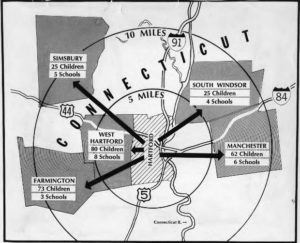 Map of school busing and integration in the greater Hartford area, 1966