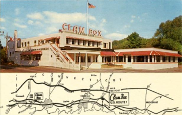 The Clam Box, postcard by Cliff Scofield, ca. 1950s