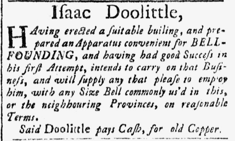 Advertisement for Isaac Doolittle's bell foundry