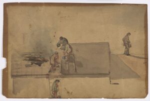 Drawing of people putting out a fire on the roof of a building