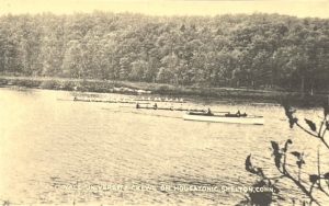 Rowing crew shells out on a river