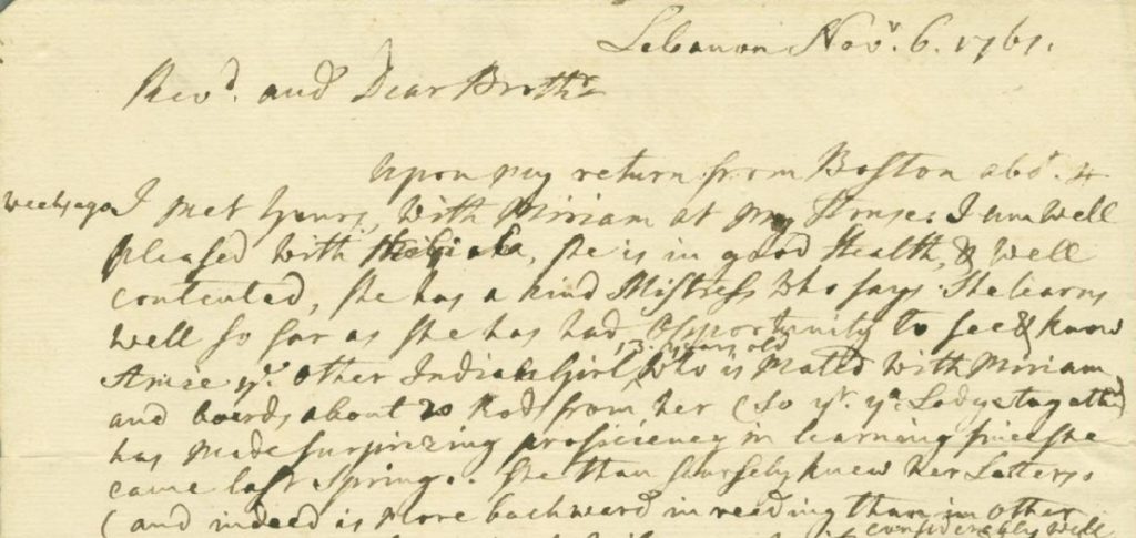 A 1761 letter by Wheelock describing the progress of his first female students, Amie and Miriam. Source: “The Occom Circle,” n.d. Dartmouth College.