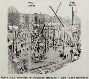 Image of a collapsed building with machinery and people around.