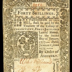 Colonial currency from Connecticut Colony. Signed by Elisha Williams, Thomas Seymour, and Benjamin Payne