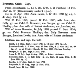 Caleb Brewster entry in the History and Genealogy of the Families of Old Fairfield, by Donald Lines Jacobus