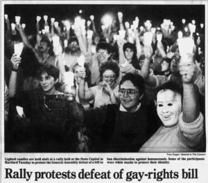 Rally protests defeat of gay-rights bill, Hartford Courant, June 3, 1987
