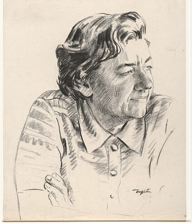 Bust sketch of a woman with crossed arms, short hair and looking to the side