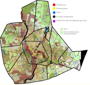 Map with different colored dots indicating different type of agricultural businesses. Most of the dots are concentrated in the center of the map.