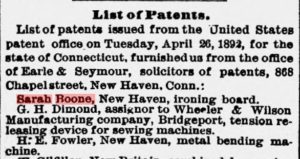 Newspaper clipping of a list of patents. Sarah Boone's name is highlighted by Connecticuthistory.org