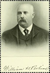 Black and white illustration of a portrait of an older man. He is mostly bald with a bushy mustache and is wearing a three piece suit. Inscribed at the bottom of the image in cursive is "William H. Perkins".